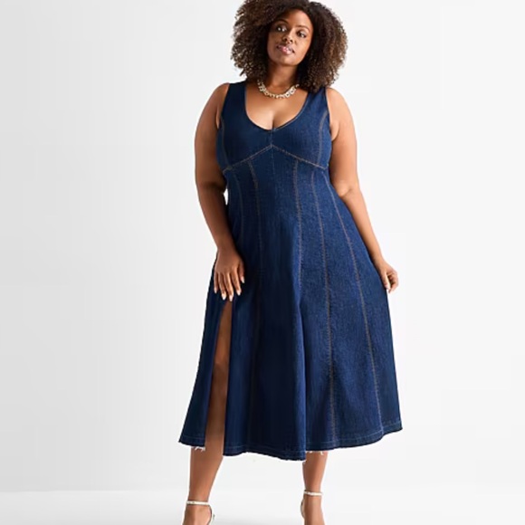 Ashley Graham Dresses & Skirts - Ashley Graham Dark Denim Midi Dress with Side Slit Sz 18W NWT